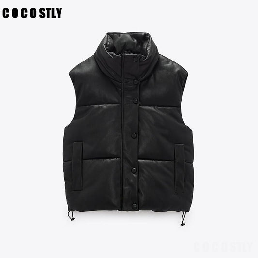 New 2021 Autumn Winter Black Warm Faux Leather Vest Women Fashion Zipper Sleeveless Coat Tops Female Casual Short Outwear Ladies